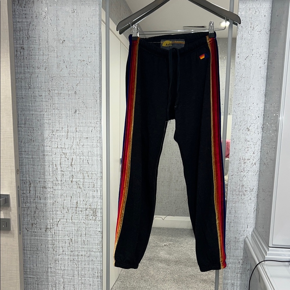 Aviator Nation Black Sweatpants with Velvet Rainbow Stripes